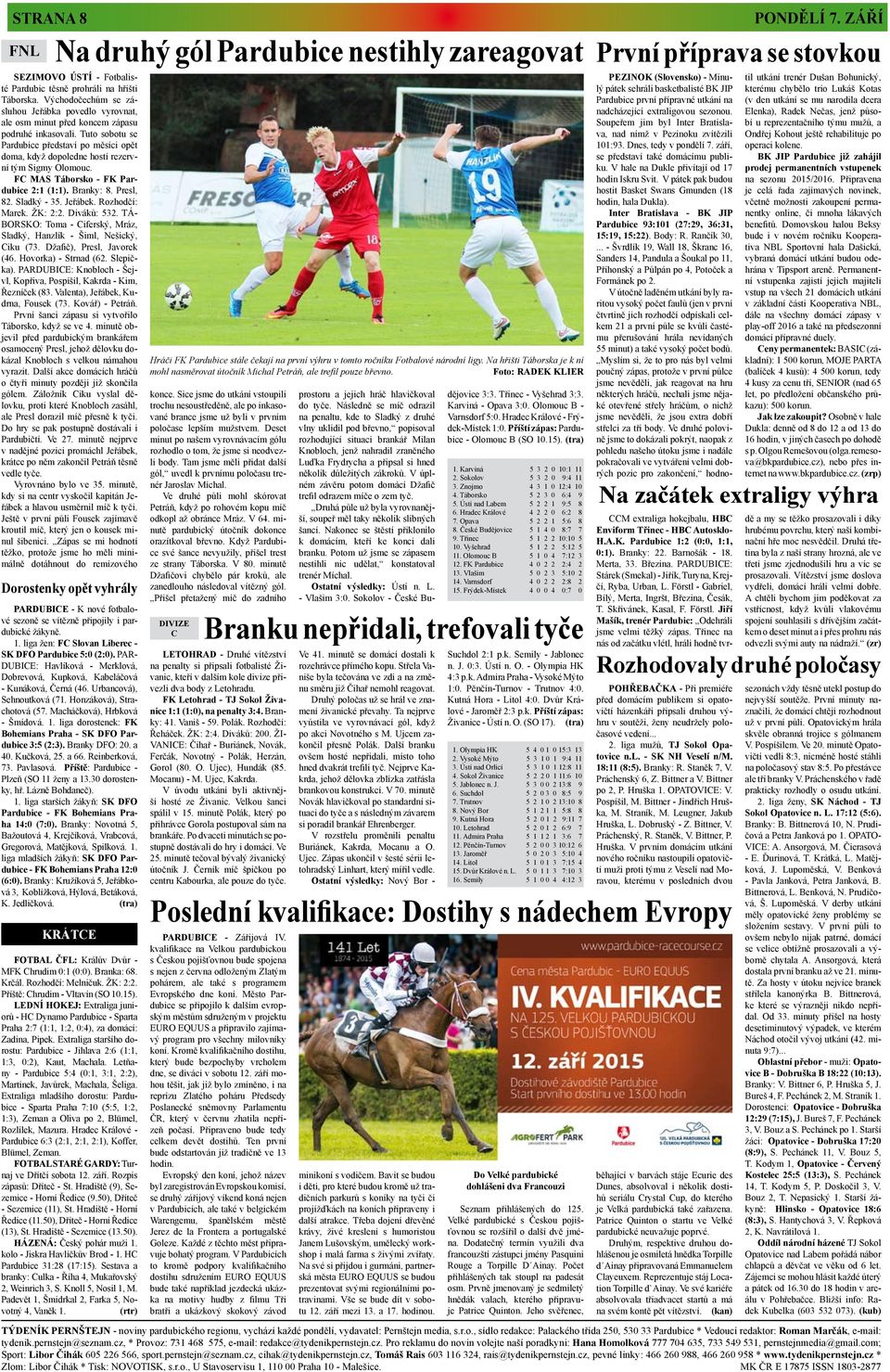Tuto sobotu se Pardubice představí po měsíci opět doma, když dopoledne hostí rezervní tým Sigmy Olomouc. FC MAS Táborsko - FK Pardubice 2:1 (1:1). Branky: 8. Presl, 82. Sladký - 35. Jeřábek.