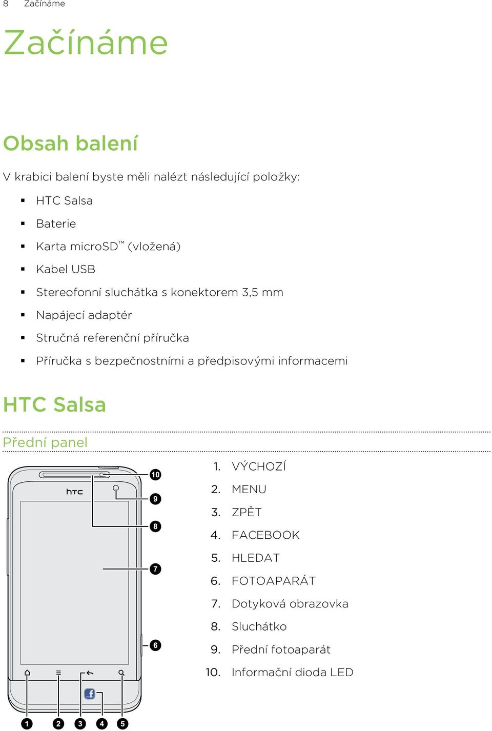 příručka Příručka s bezpečnostními a předpisovými informacemi HTC Salsa Přední panel 1. VÝCHOZÍ 2. MENU 3.