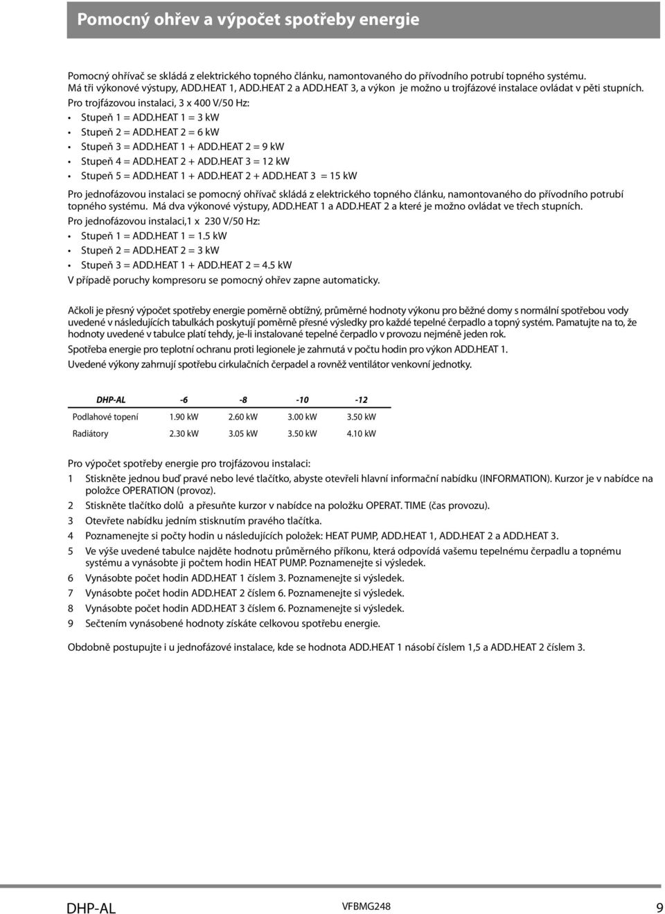 HEAT = 9 kw Stupeň = ADD.HEAT + ADD.HEAT = kw Stupeň 5 = ADD.HEAT + ADD.HEAT + ADD.HEAT = 5 kw Pro jednofázovou instalaci se pomocný ohřívač skládá z elektrického topného článku, namontovaného do přívodního potrubí topného systému.