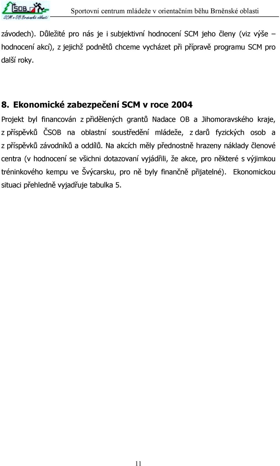 Ekonomické zabezpečení SCM v roce 2004 Projekt byl financován z přidělených grantů Nadace OB a Jihomoravského kraje, z příspěvků ČSOB na oblastní soustředění