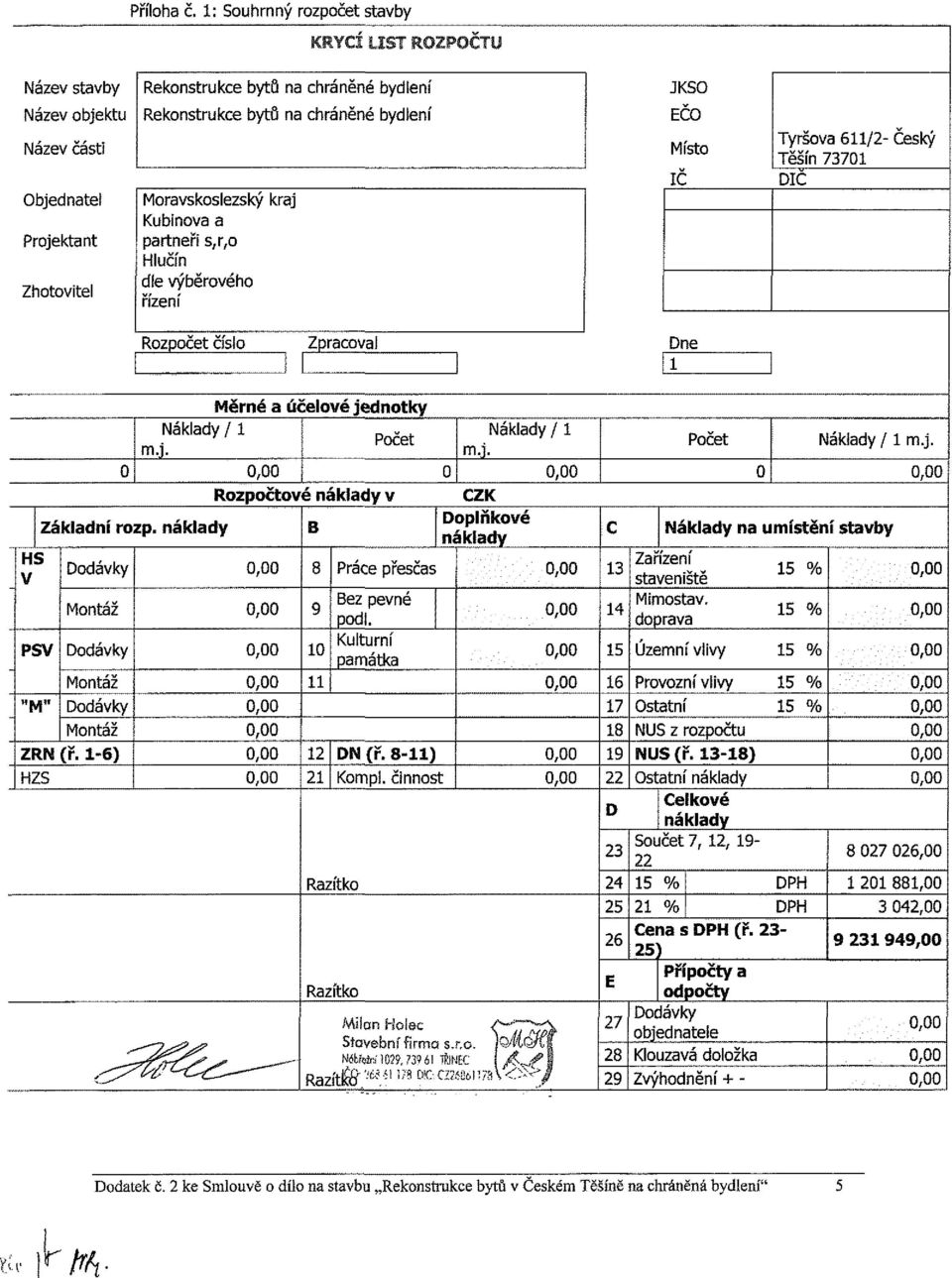 Tyršova 611/2- Český Těšín 73701 DIC Rozpočet číslo Zpracoval Dne Měrné a účelové jednotky Náklady / 1 Náklady /1 Počet m.j. ny. Počet Náklady / 1 m.j. 0,00 0 0,00 0,00 Rozpočtové náklady v CZK Základní rozp.