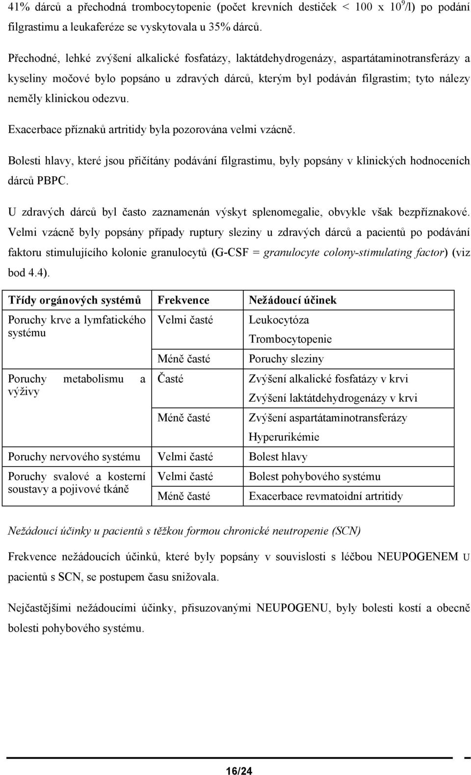 klinickou odezvu. Exacerbace příznaků artritidy byla pozorována velmi vzácně. Bolesti hlavy, které jsou přičítány podávání filgrastimu, byly popsány v klinických hodnoceních dárců PBPC.