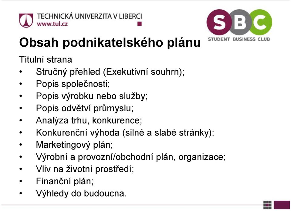 konkurence; Konkurenční výhoda (silné a slabé stránky); Marketingový plán; Výrobní a