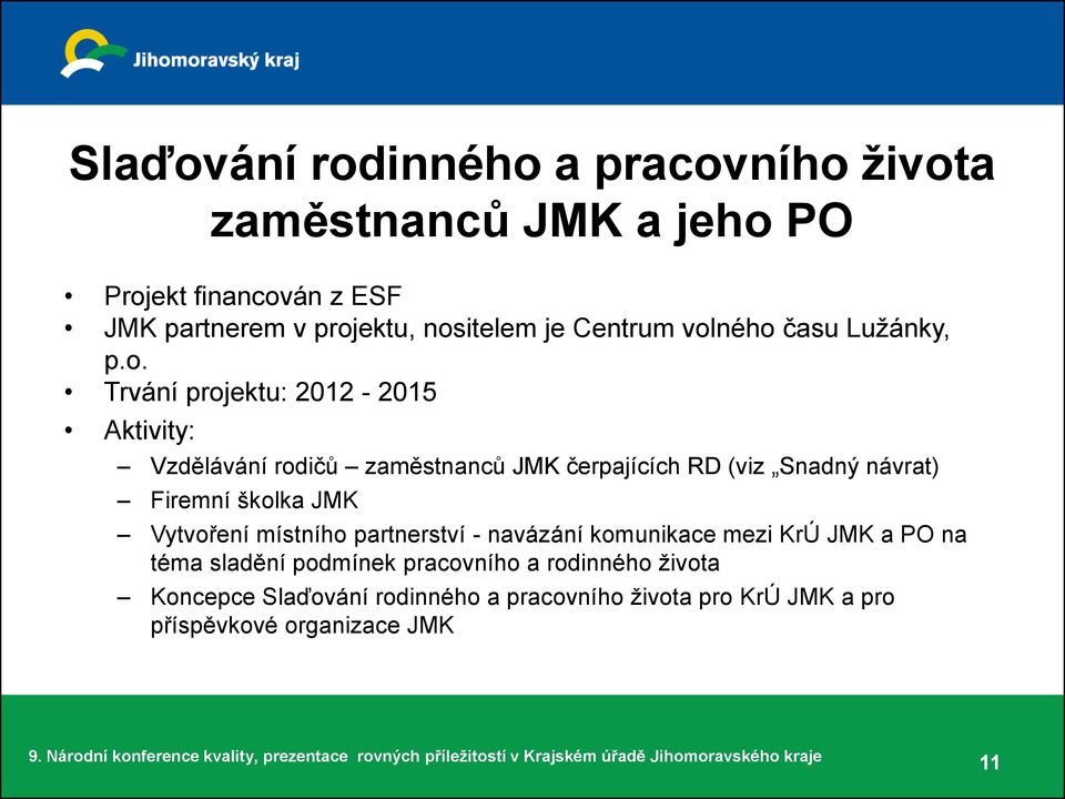 ného času Lužánky, p.o. Trvání projektu: 2012-2015 Aktivity: Vzdělávání rodičů zaměstnanců JMK čerpajících RD (viz Snadný