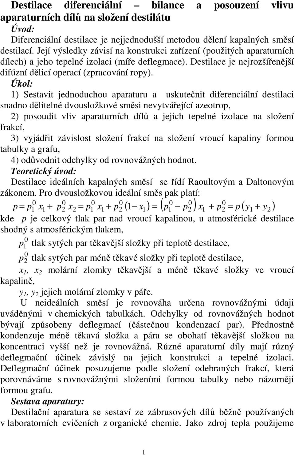 Úkol: 1) Sestavit jednoduchou aparaturu a uskutečnit diferenciální destilaci snadno dělitelné dvousložkové směsi nevytvářející azeotrop, ) posoudit vliv aparaturních dílů a jejich tepelné izolace na