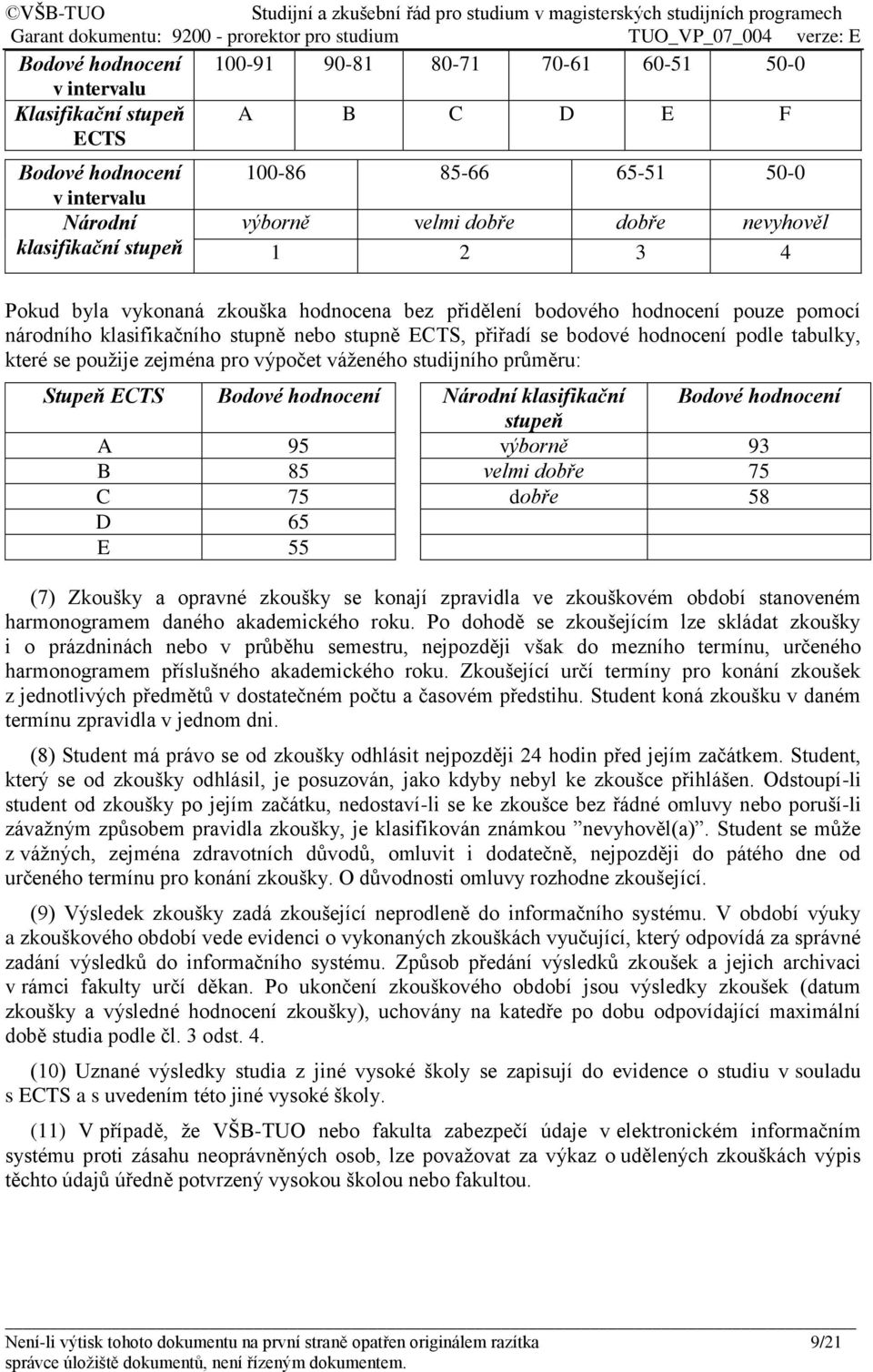 tabulky, které se použije zejména pro výpočet váženého studijního průměru: Stupeň ECTS Bodové hodnocení Národní klasifikační Bodové hodnocení stupeň A 95 výborně 93 B 85 velmi dobře 75 C 75 dobře 58