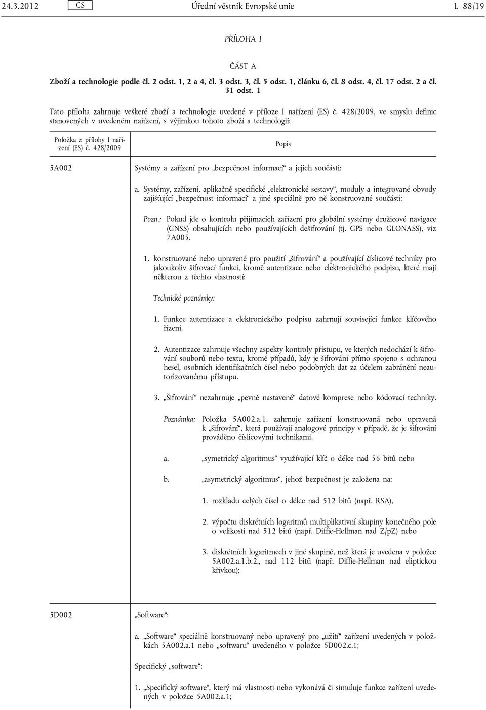 428/2009, ve smyslu definic stanovených v uvedeném nařízení, s výjimkou tohoto zboží a technologií: Položka z přílohy I nařízení (ES) č.