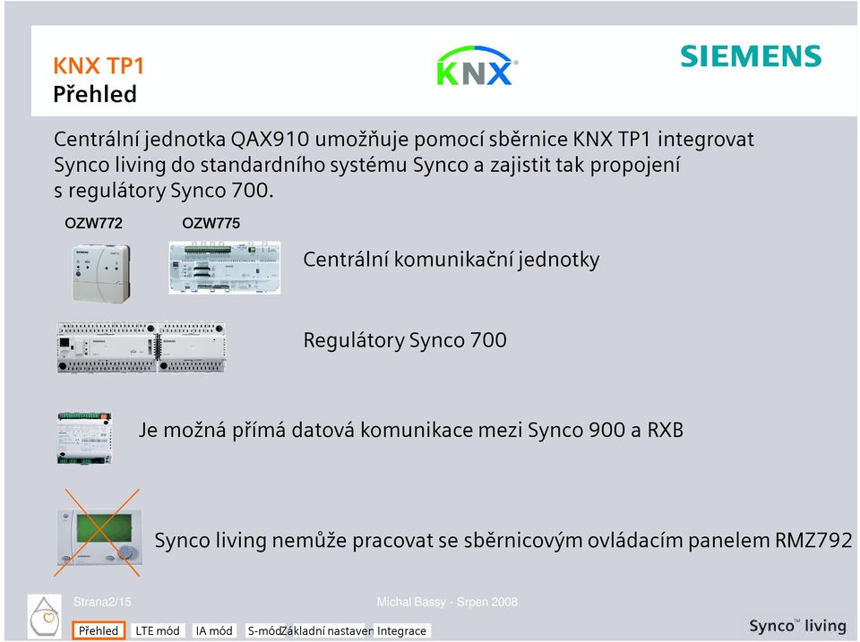 OZW772 OZW775 Centrální komunikační jednotky Regulátory Synco 700 Je možná přímá datová komunikace