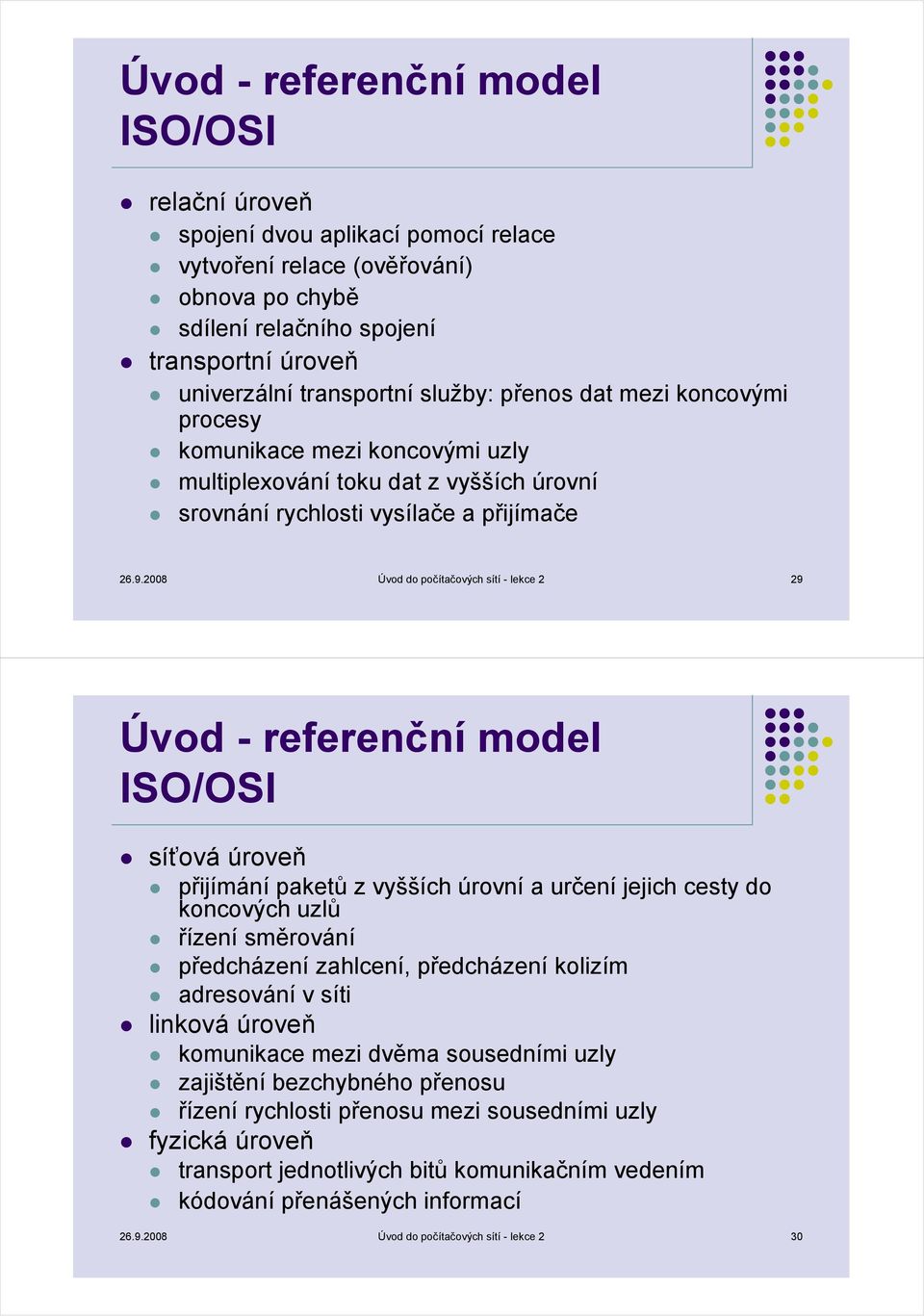 2008 Úvod do počítačových sítí - lekce 2 29 Úvod - referenční model ISO/OSI síťová úroveň přijímání paketů z vyšších úrovní a určení jejich cesty do koncových uzlů řízení směrování předcházení