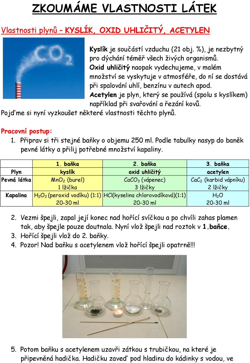 Acetylen je plyn, který se pouţívá (spolu s kyslíkem) například při svařování a řezání kovů. Pojďme si nyní vyzkoušet některé vlastnosti těchto plynů. 1. Připrav si tři stejné baňky o objemu 250 ml.