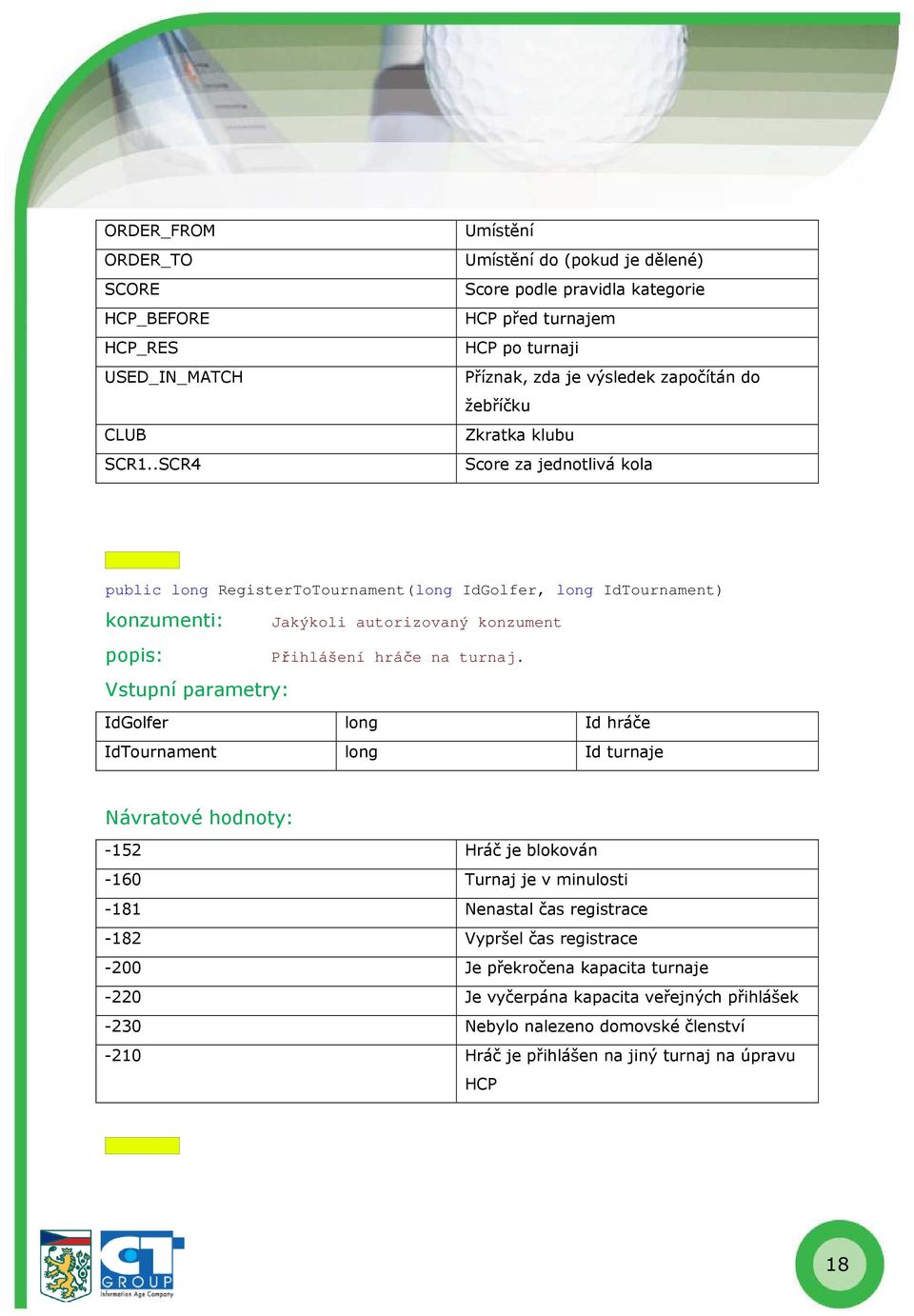 Score za jednotlivá kola public long RegisterToTournament(long IdGolfer, long IdTournament) Přihlášení hráče na turnaj.