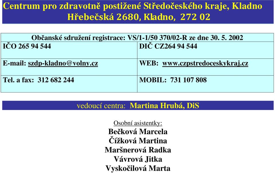 2002 IČO 265 94 544 DIČ CZ264 94 544 E-mail: szdp-kladno@volny.cz WEB: www.czpstredoceskykraj.cz Tel.