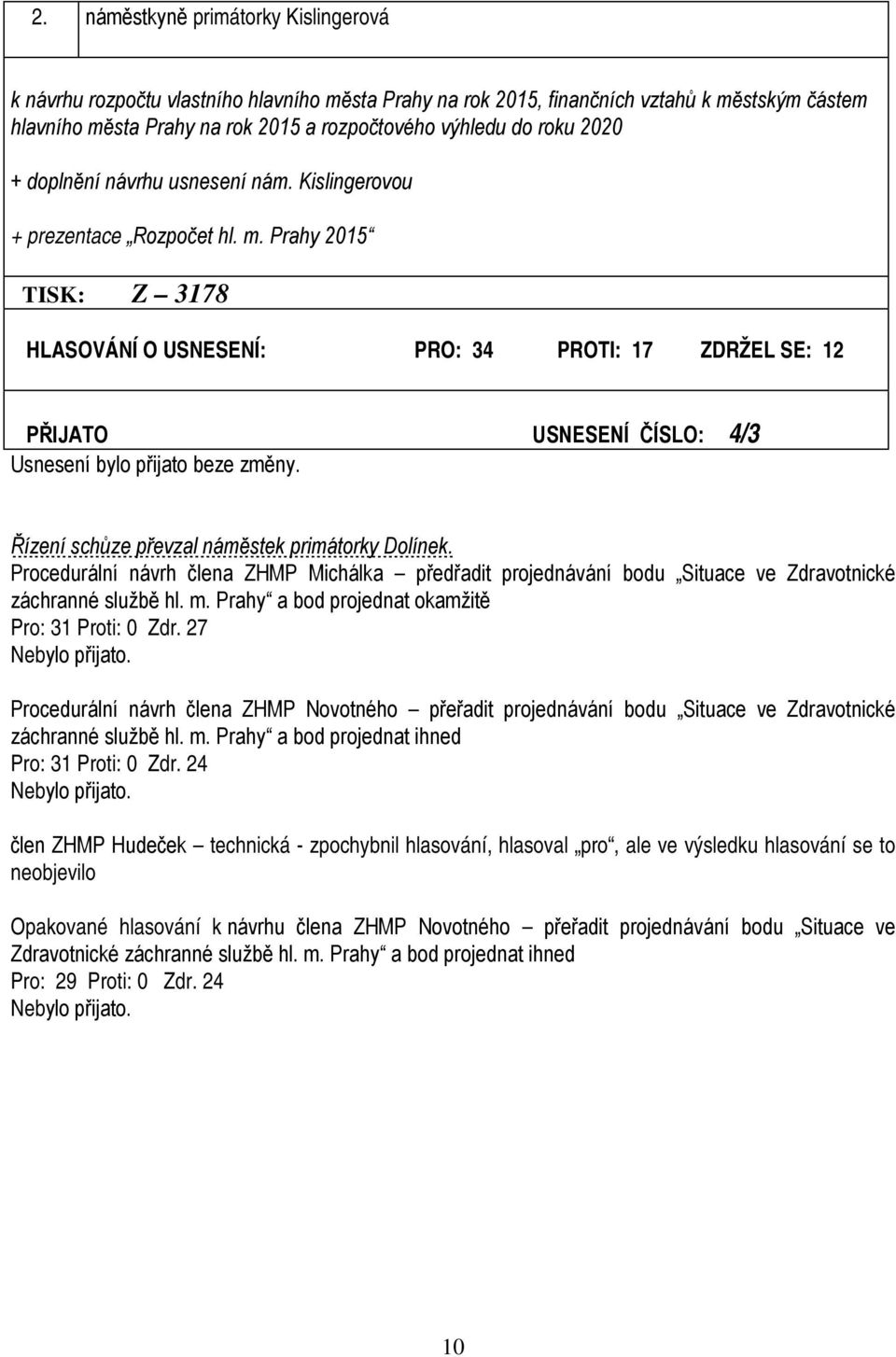 Prahy 2015 TISK: Z 3178 HLASOVÁNÍ O USNESENÍ: PRO: 34 PROTI: 17 ZDRŽEL SE: 12 PŘIJATO USNESENÍ ČÍSLO: 4/3 Řízení schůze převzal náměstek primátorky Dolínek.