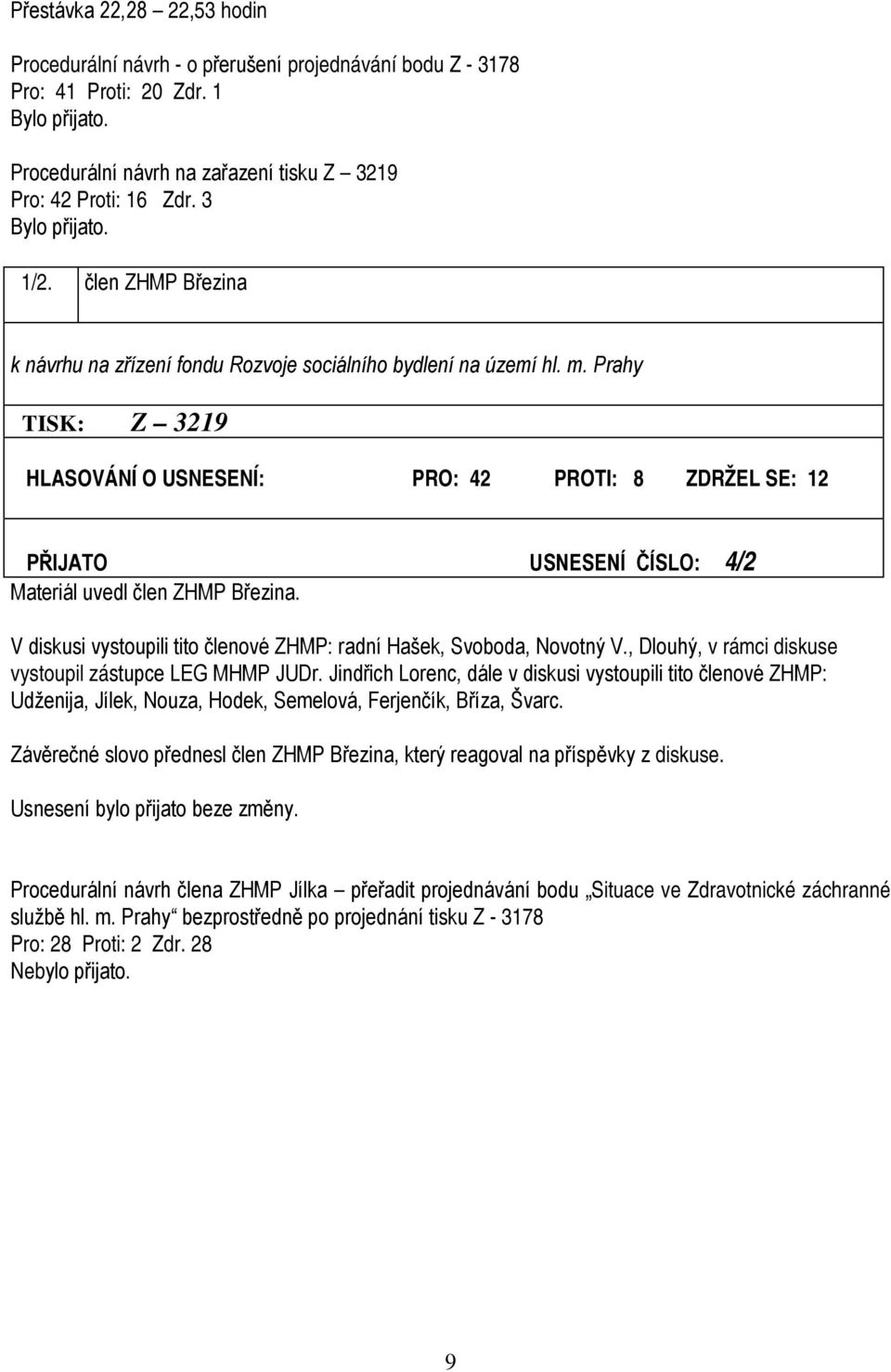 Prahy TISK: Z 3219 HLASOVÁNÍ O USNESENÍ: PRO: 42 PROTI: 8 ZDRŽEL SE: 12 PŘIJATO USNESENÍ ČÍSLO: 4/2 Materiál uvedl člen ZHMP Březina.