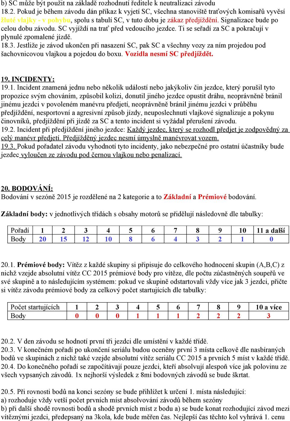 Signalizace bude po celou dobu závodu. SC vyjíždí na trať před vedoucího jezdce. Ti se seřadí za SC a pokračují v plynulé zpomalené jízdě. 18.3.