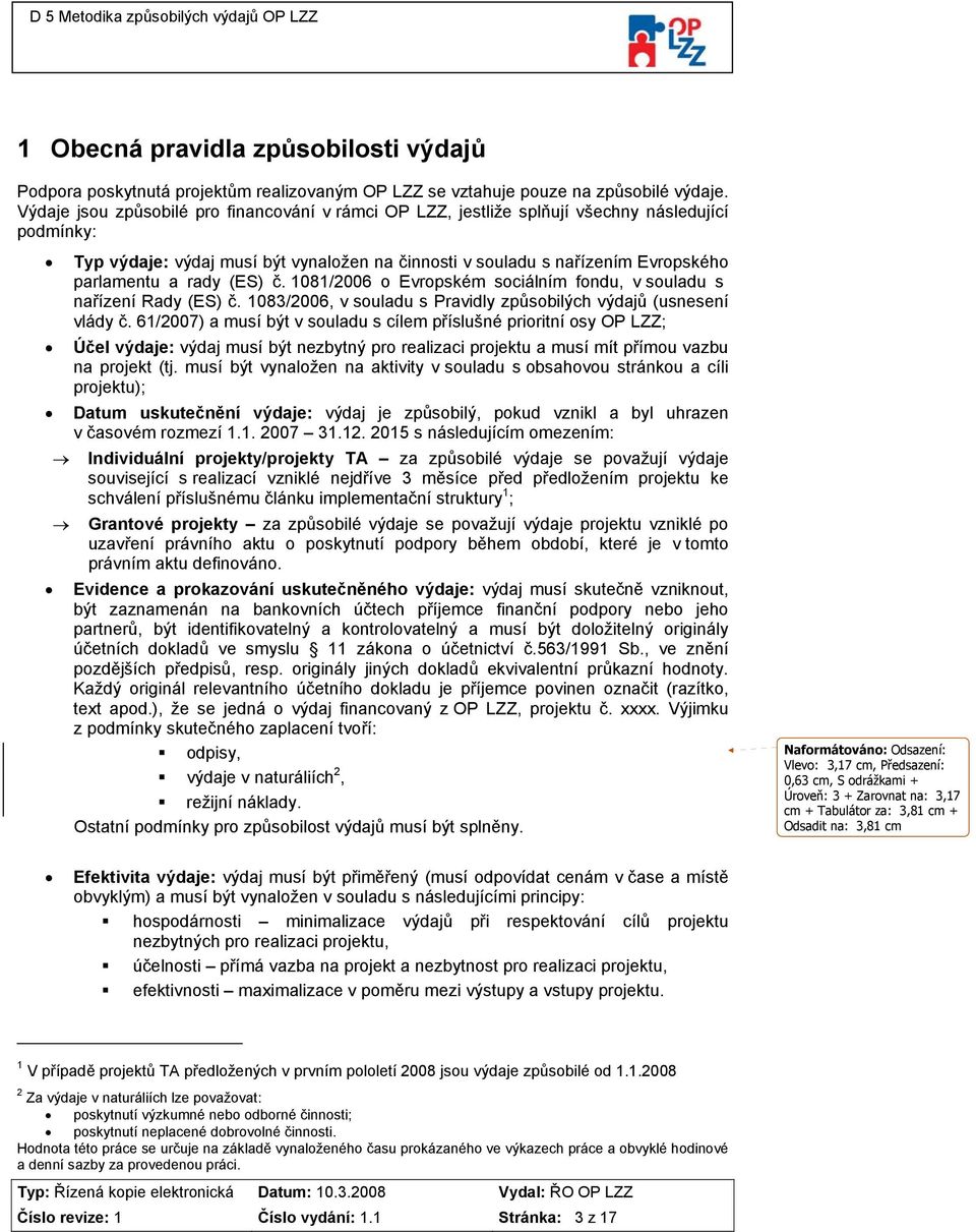 rady (ES) č. 1081/2006 o Evropském sociálním fondu, v souladu s nařízení Rady (ES) č. 1083/2006, v souladu s Pravidly způsobilých výdajů (usnesení vlády č.