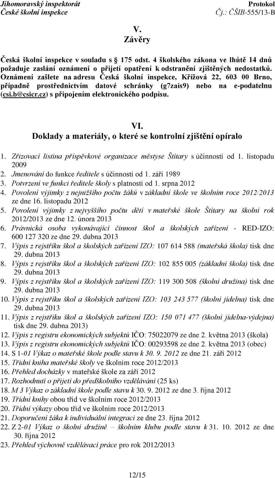 VI. Doklady a materiály, o které se kontrolní zjištění opíralo 1. Zřizovací listina příspěvkové organizace městyse Štítary s účinností od 1. listopadu 2009 2.