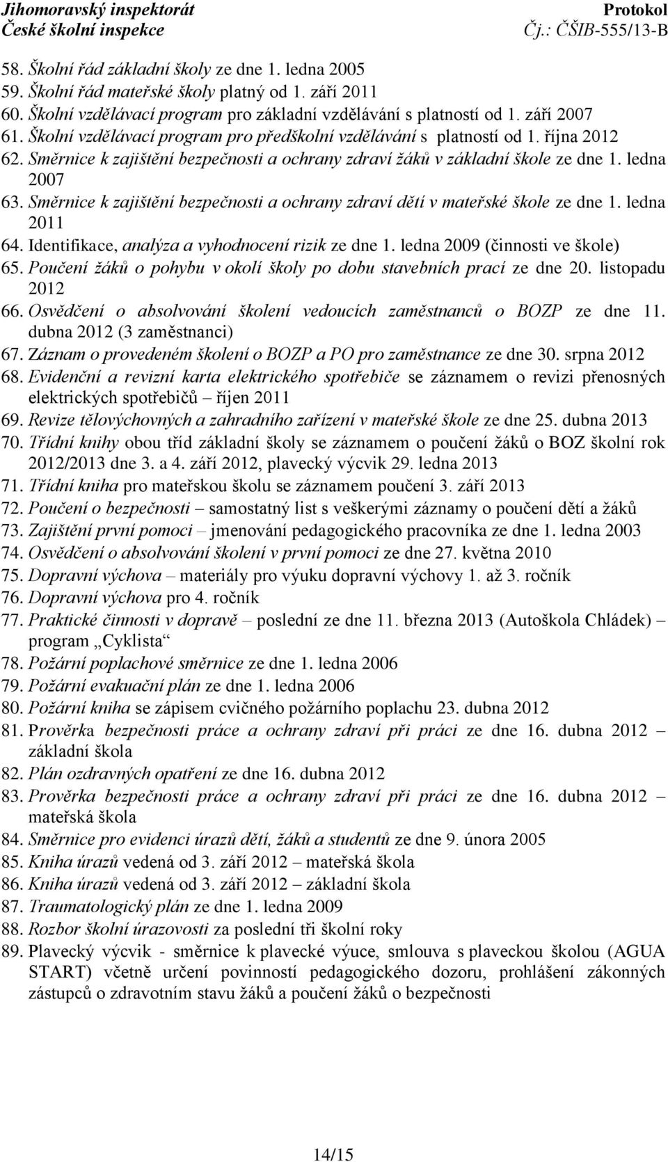 Směrnice k zajištění bezpečnosti a ochrany zdraví dětí v mateřské škole ze dne 1. ledna 2011 64. Identifikace, analýza a vyhodnocení rizik ze dne 1. ledna 2009 (činnosti ve škole) 65.