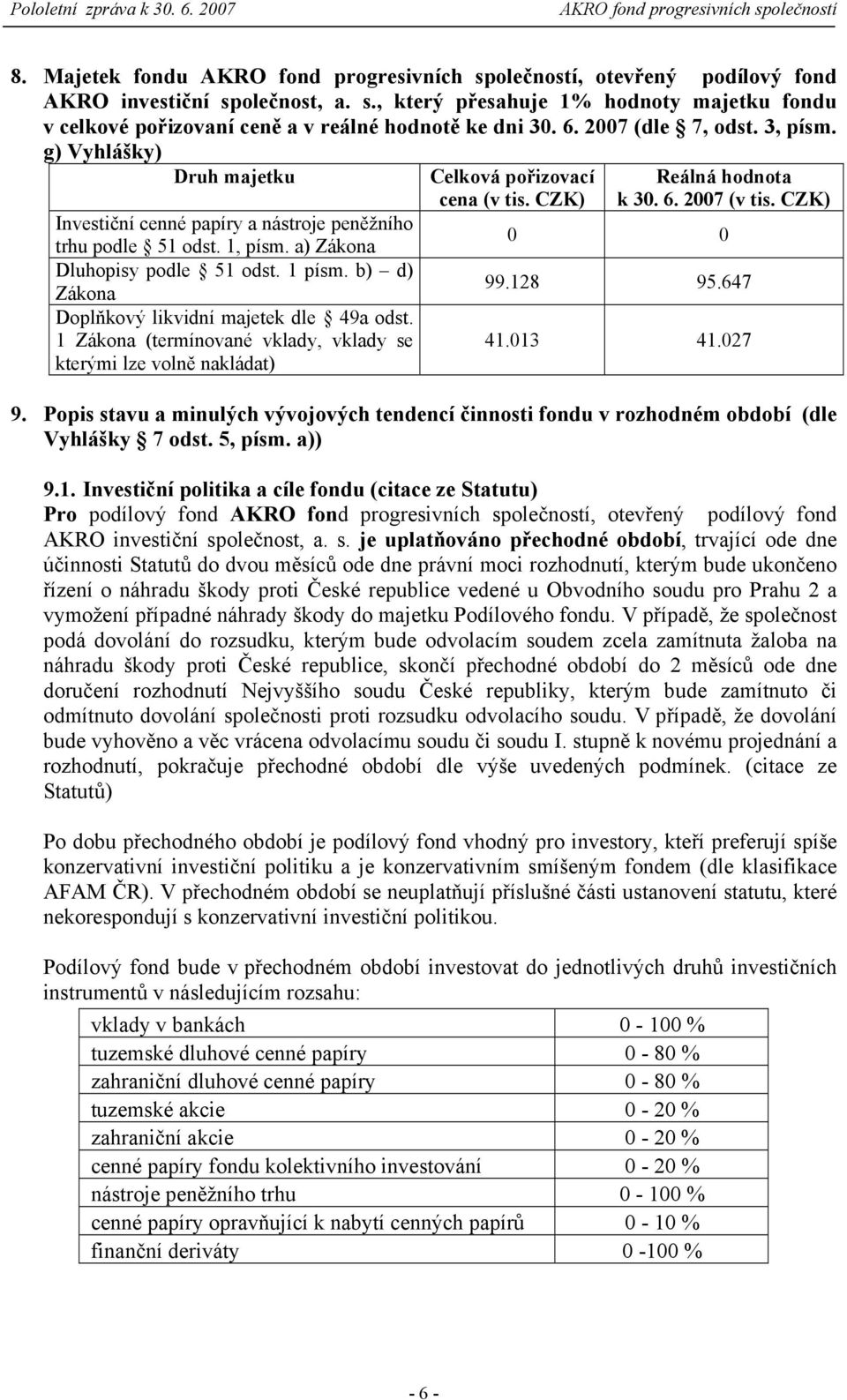 b) d) Zákona Doplňkový likvidní majetek dle 49a odst. 1 Zákona (termínované vklady, vklady se kterými lze volně nakládat) Celková pořizovací cena (v tis. CZK) Reálná hodnota k 30. 6. 2007 (v tis.