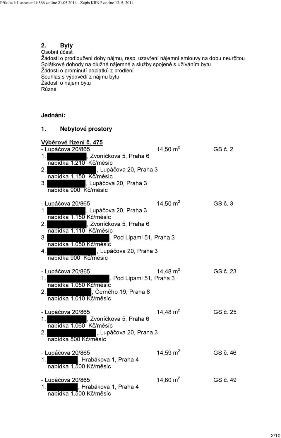 bytu Různé Jednání: 1. Nebytové prostory Výběrové řízení č. 475 - Lupáčova 20/865 14,50 m 2 GS č. 2 1., Zvoníčkova 5, Praha 6 nabídka 1.210 Kč/měsíc 2., Lupáčova 20, Praha 3 nabídka 1.150 Kč/měsíc 3.