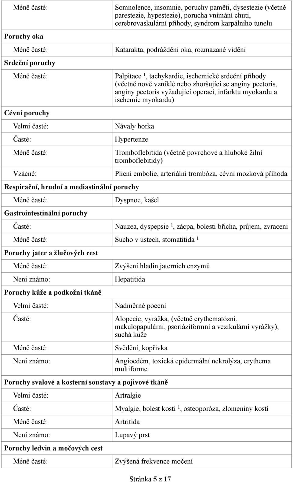 vyžadující operaci, infarktu myokardu a ischemie myokardu) Návaly horka Hypertenze Respirační, hrudní a mediastinální poruchy Gastrointestinální poruchy Tromboflebitida (včetně povrchové a hluboké