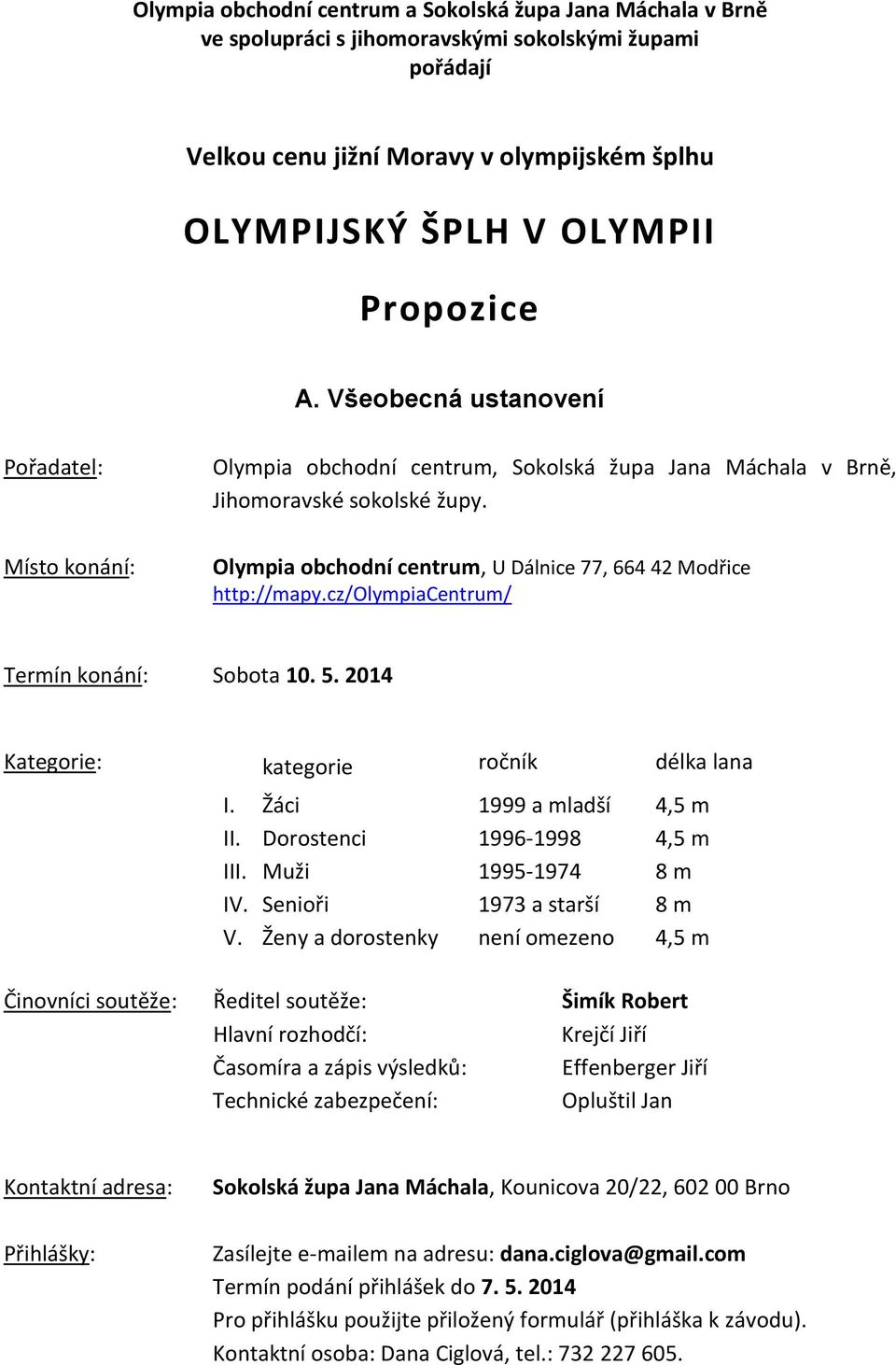 Olympia obchodní centrum, U Dálnice 77, 664 42 Modřice http://mapy.cz/olympiacentrum/ Termín konání: Sobota 10. 5. 2014 Kategorie: I. II. III. IV. V.