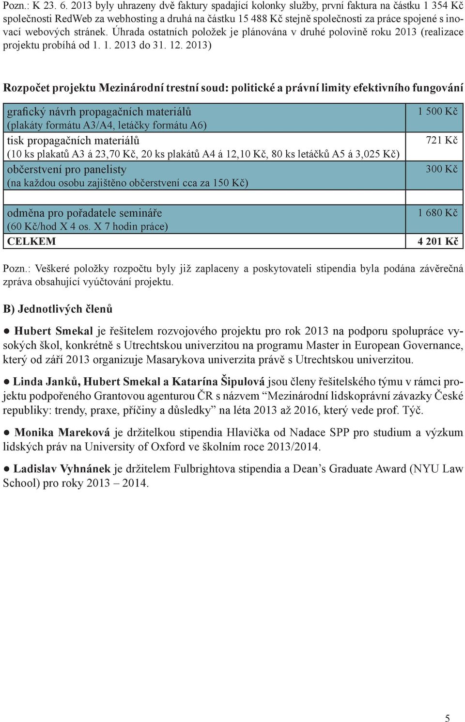 webových stránek. Úhrada ostatních položek je plánována v druhé polovině roku 2013 (realizace projektu probíhá od 1. 1. 2013 do 31. 12.