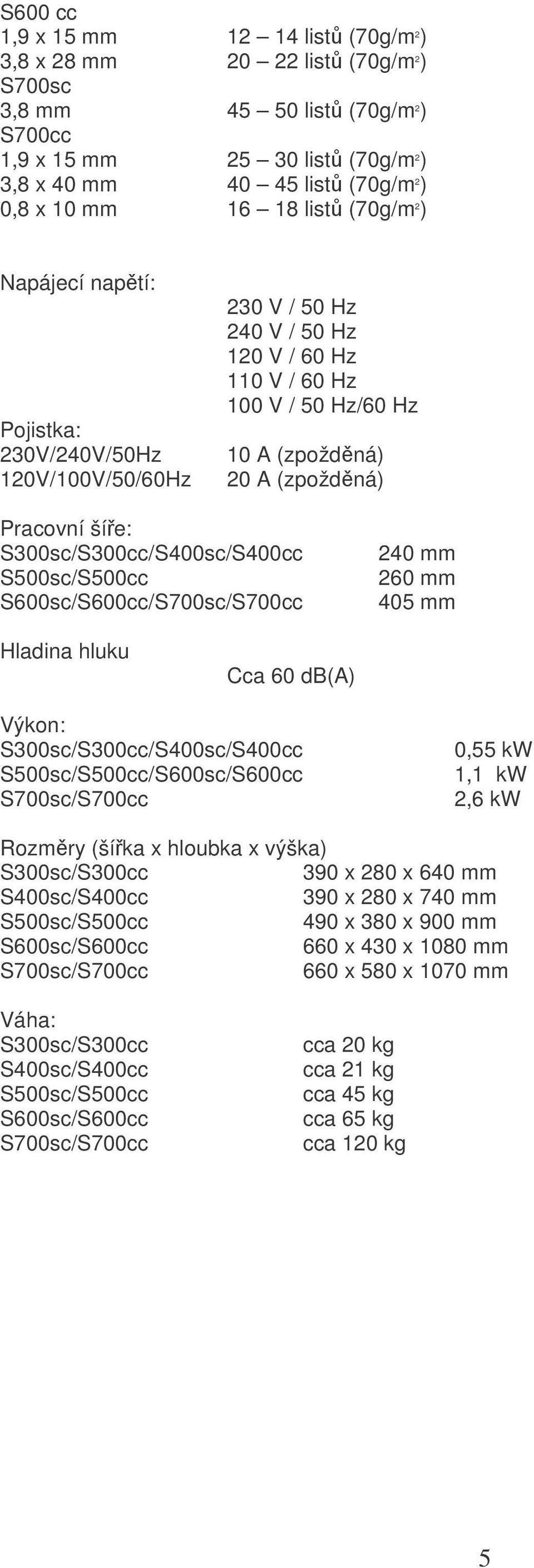 šíe: S300sc/S300cc/S400sc/S400cc S600sc/S600cc/ 240 mm 260 mm 405 mm Hladina hluku Cca 60 db(a) Výkon: S300sc/S300cc/S400sc/S400cc /S600sc/S600cc 0,55 kw 1,1 kw 2,6 kw Rozmry (šíka x hloubka x výška)