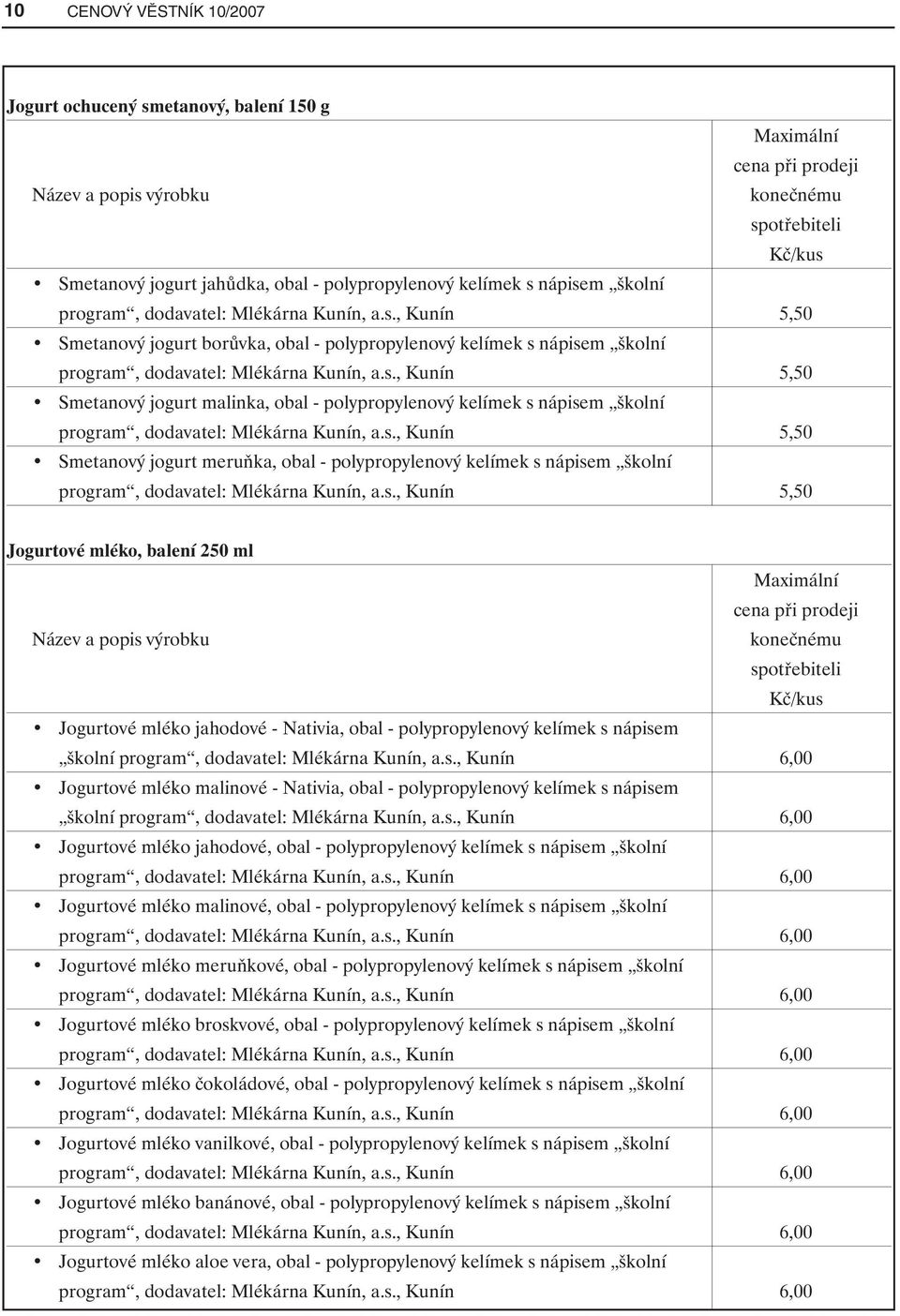 s., Kunín 5,50 Jogurtové mléko, balení 250 ml Jogurtové mléko jahodové - Nativia, obal - polypropylenový kelímek s nápisem školní program, dodavatel: Mlékárna Kunín, a.s., Kunín 6,00 Jogurtové mléko malinové - Nativia, obal - polypropylenový kelímek s nápisem školní program, dodavatel: Mlékárna Kunín, a.