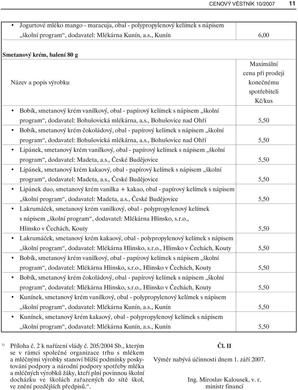 s., Bohušovice nad Ohří 5,50 Bobík, smetanový krém čokoládový, obal - papírový kelímek s nápisem školní program, dodavatel: Bohušovická mlékárna, a.s., Bohušovice nad Ohří 5,50 Lipánek, smetanový krém vanilkový, obal - papírový kelímek s nápisem školní program, dodavatel: Madeta, a.