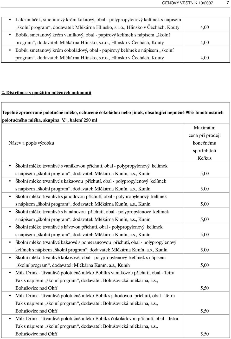 Distribuce s použitím mléčných automatů Tepelně zpracované polotučné mléko, ochucené čokoládou nebo jinak, obsahující nejméně 90% hmotnostních polotučného mléka, skupina V.