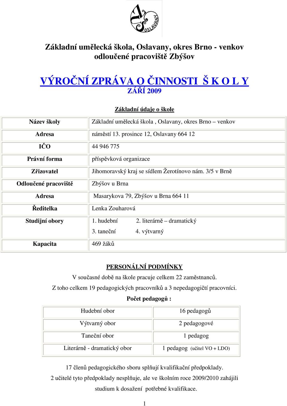 3/5 v Brně Zbýšov u Brna Adresa Masarykova 79, Zbýšov u Brna 664 11 Ředitelka Lenka Zouharová Studijní obory 1. hudební 2. literárně dramatický 3. taneční 4.