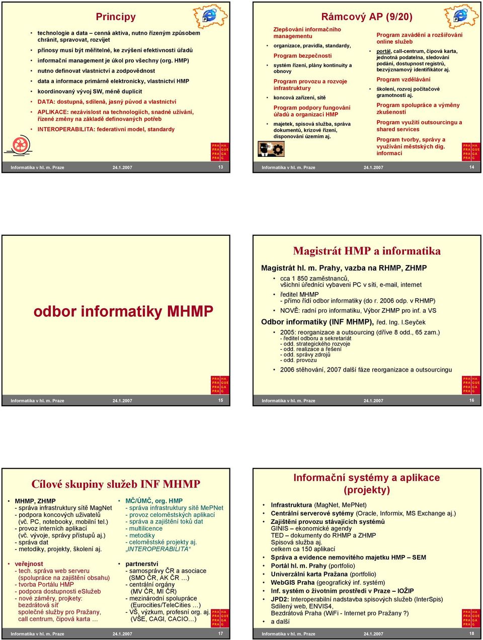 APLIKACE: nezávislost na technologiích, snadné užívání, řízené změny na základě definovaných potřeb INTEROPERABILITA: federativní model, standardy Zlepšování informačního managementu organizace,