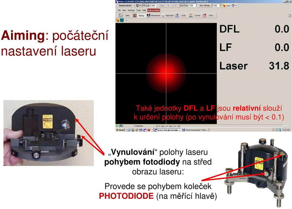 1) Vynulování polohy laseru pohybem fotodiody na střed obrazu