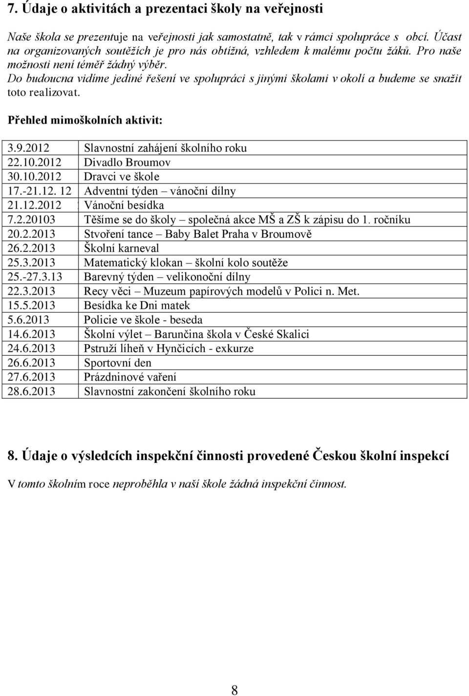 Do budoucna vidíme jediné řešení ve spolupráci s jinými školami v okolí a budeme se snažit toto realizovat. Přehled mimoškolních aktivit: 3.9.2012 Slavnostní zahájení školního roku 22.10.