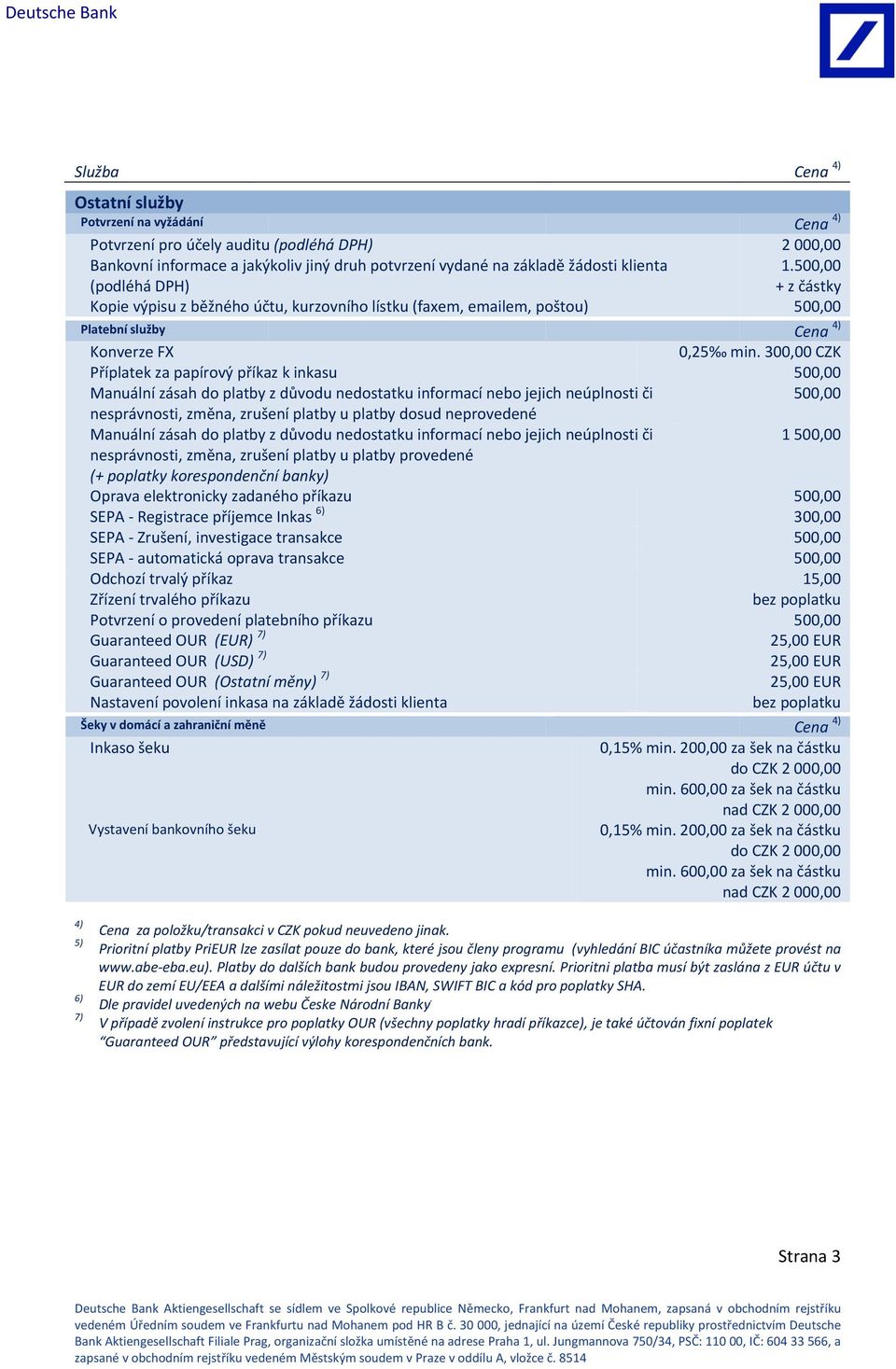 300,00 CZK Příplatek za papírový příkaz k inkasu 500,00 Manuální zásah do platby z důvodu nedostatku informací nebo jejich neúplnosti či 500,00 nesprávnosti, změna, zrušení platby u platby dosud