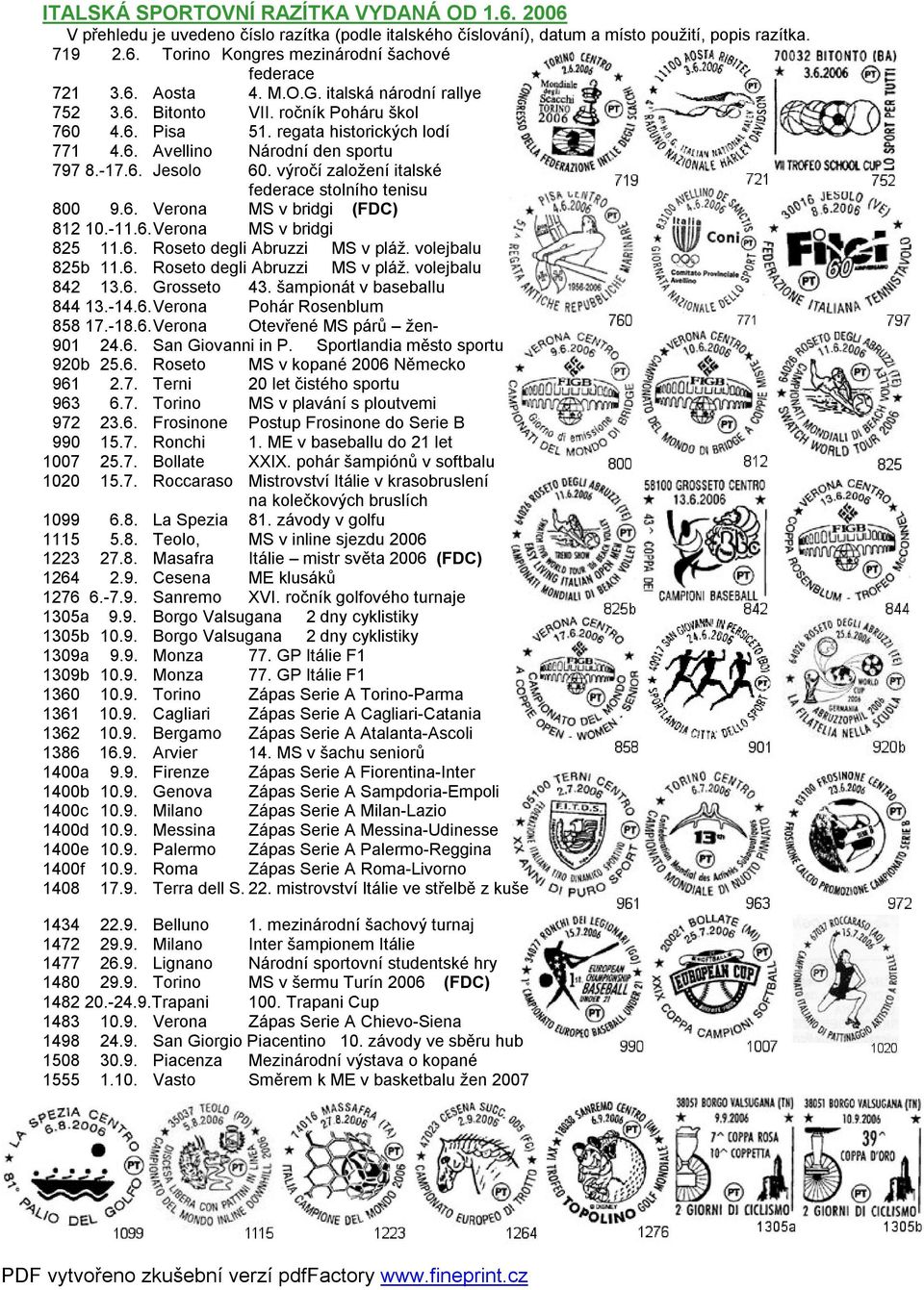 výročí založení italské federace stolního tenisu 800 9.6. Verona MS v bridgi (FDC) 812 10.-11.6. Verona MS v bridgi 825 11.6. Roseto degli Abruzzi MS v pláž. volejbalu 825b 11.6. Roseto degli Abruzzi MS v pláž. volejbalu 842 13.