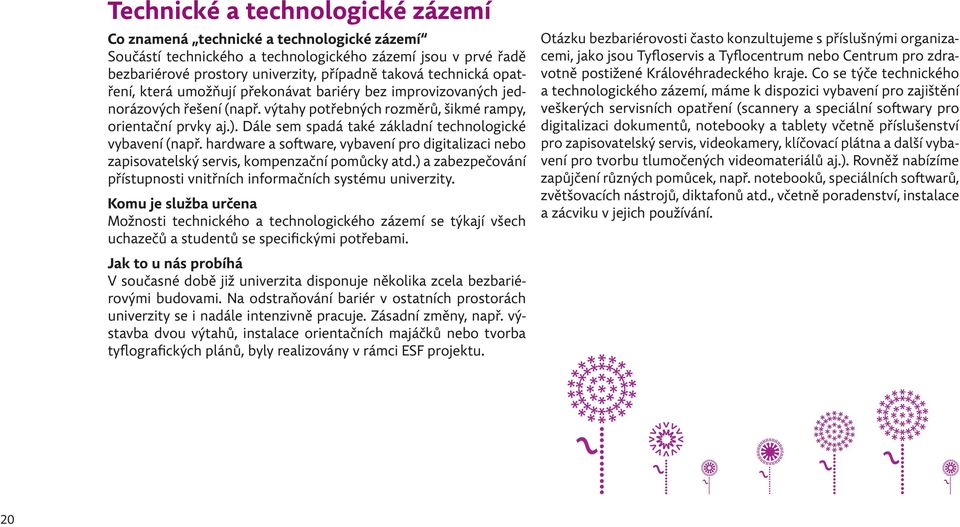 Dále sem spadá také základní technologické vybavení (např. hardware a software, vybavení pro digitalizaci nebo zapisovatelský servis, kompenzační pomůcky atd.