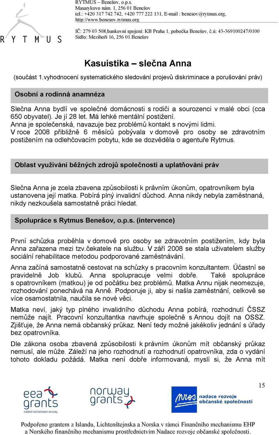 Je jí 28 let. Má lehké mentální postižení. Anna je společenská, navazuje bez problémů kontakt s novými lidmi.