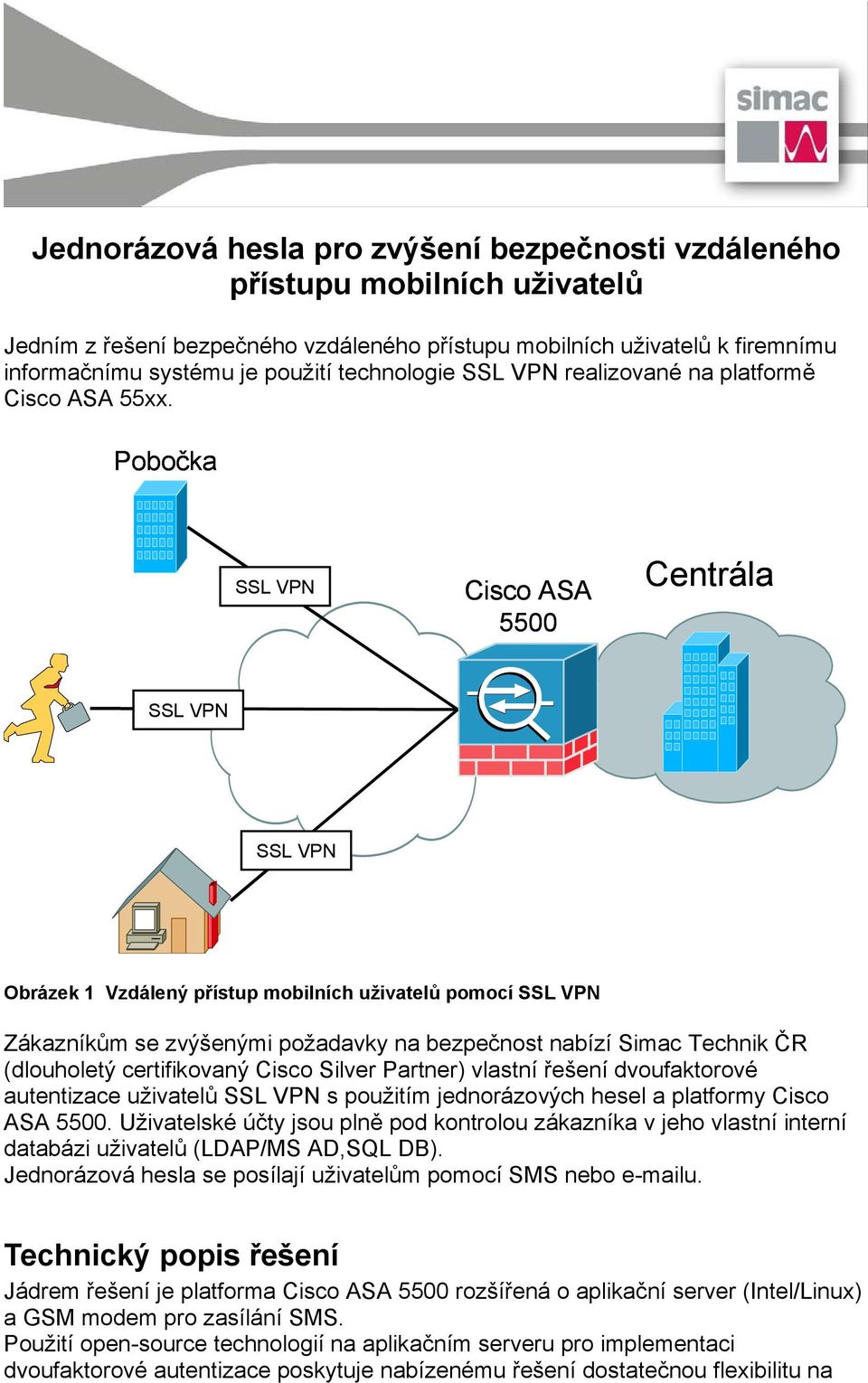 Pobočka Cisco ASA 5500 Centrála Obrázek 1 Vzdálený přístup mobilních uživatelů pomocí Zákazníkům se zvýšenými požadavky na bezpečnost nabízí Simac Technik ČR (dlouholetý certifikovaný Cisco Silver