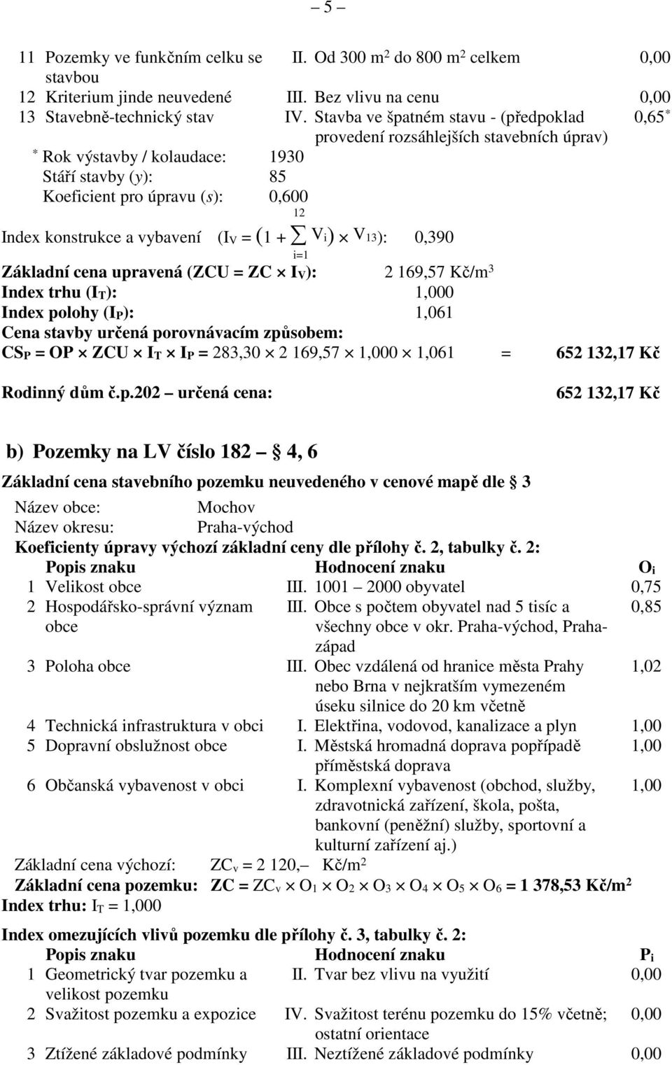 vybavení (I V = (1 + V i) V 13): 0,390 i=1 Základní cena upravená (ZCU = ZC I V ): 2 169,57 Kč/m 3 Index trhu (I T ): 1,000 Index polohy (I P ): 1,061 Cena stavby určená porovnávacím způsobem: CS P =