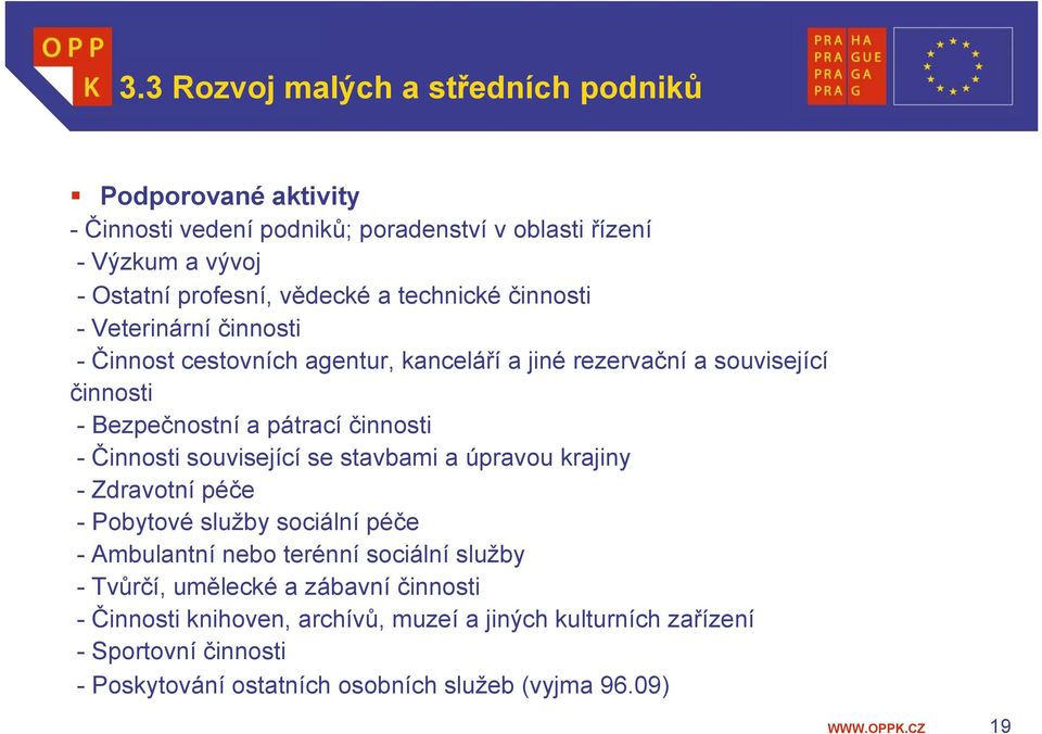 Činnosti související se stavbami a úpravou krajiny - Zdravotní péče - Pobytové služby sociální péče - Ambulantní nebo terénní sociální služby -Tvůrčí, umělecké