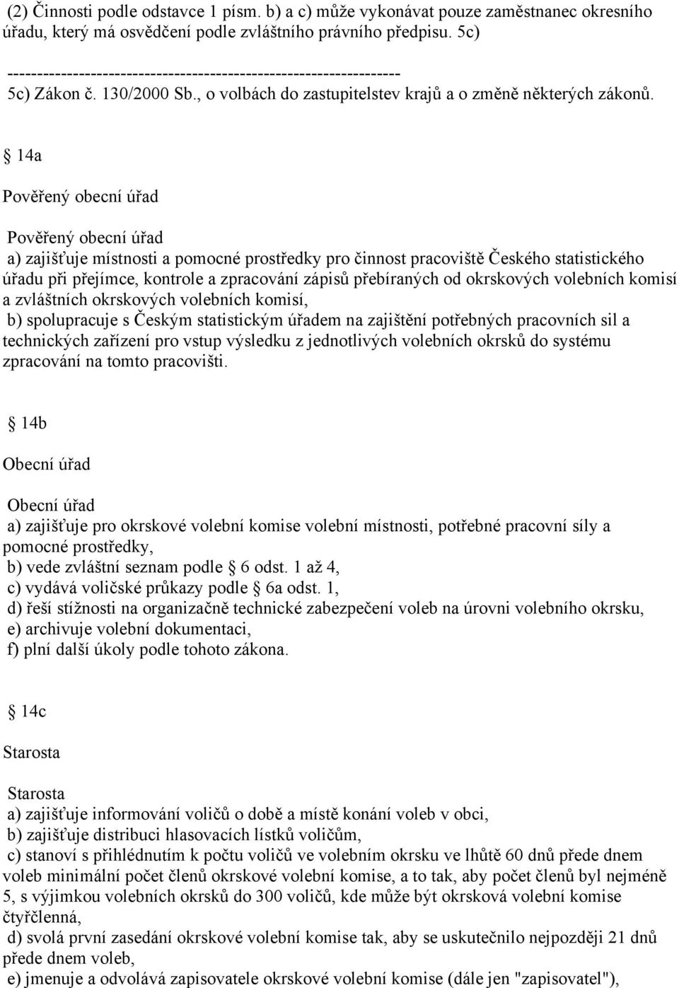 14a Pověřený obecní úřad Pověřený obecní úřad a) zajišťuje místnosti a pomocné prostředky pro činnost pracoviště Českého statistického úřadu při přejímce, kontrole a zpracování zápisů přebíraných od