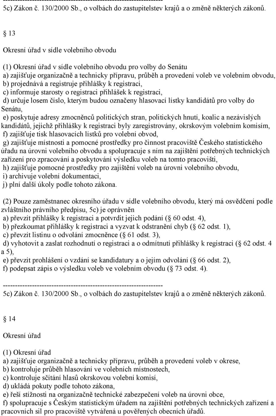 projednává a registruje přihlášky k registraci, c) informuje starosty o registraci přihlášek k registraci, d) určuje losem číslo, kterým budou označeny hlasovací lístky kandidátů pro volby do Senátu,