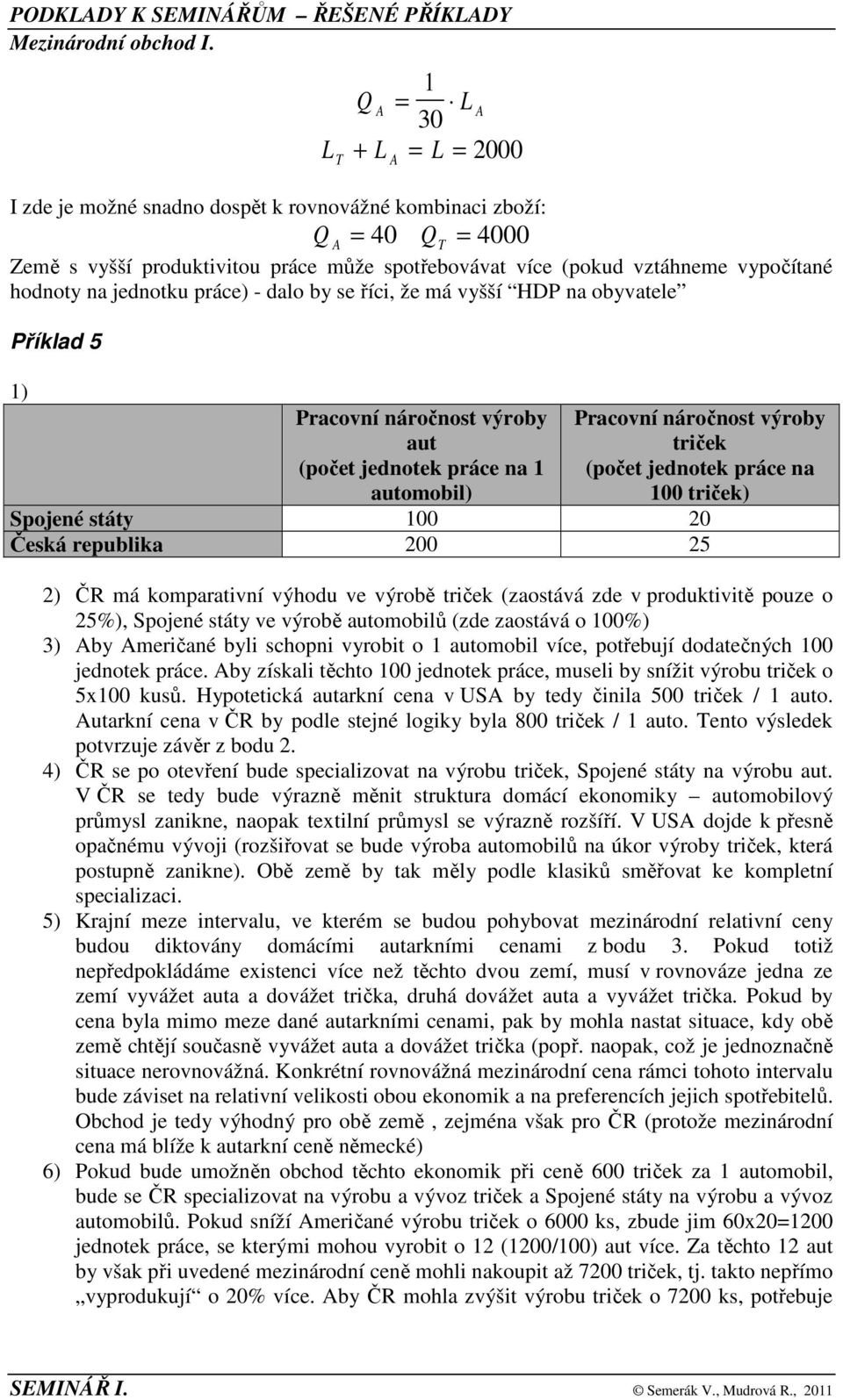 (počet jednotek práce n 00 triček) Spojené státy 00 20 Česká republik 200 25 2) má komprtivní výhodu ve výrobě triček (zostává zde v produktivitě pouze o 25%), Spojené státy ve výrobě utomobilů (zde