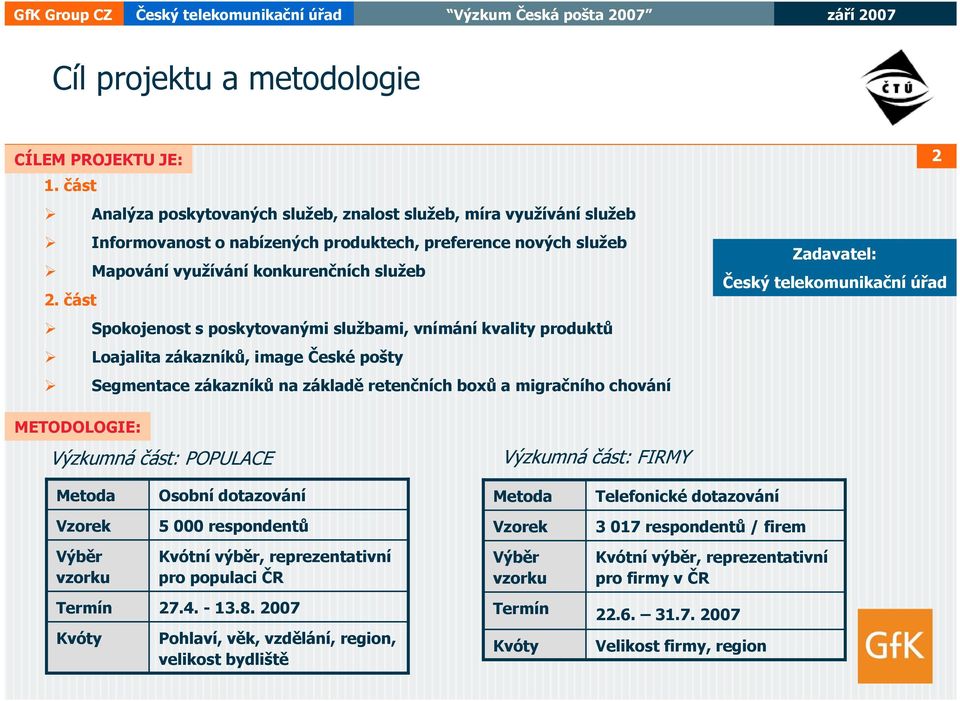 část Spokojenost s poskytovanými službami, vnímání kvality produktů Loajalita zákazníků, image České pošty Segmentace zákazníků na základě retenčních boxů a migračního chování Zadavatel: Český