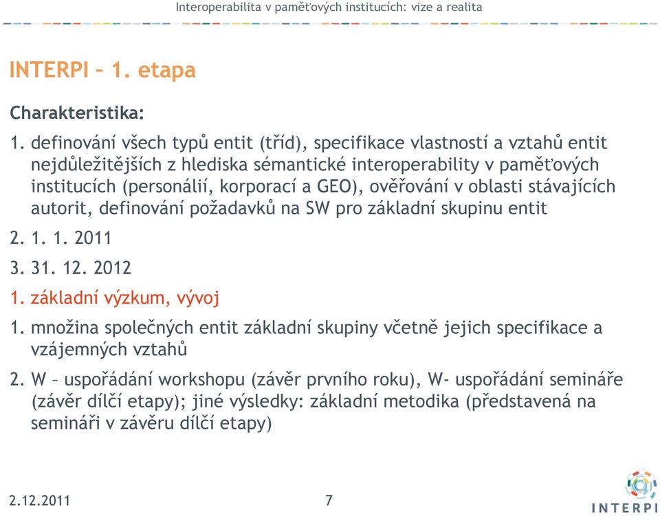 (personálií, korporací a GEO), ověřování v oblasti stávajících autorit, definování požadavků na SW pro základní skupinu entit 2. 1. 1. 2011 3. 31. 12. 2012 1.