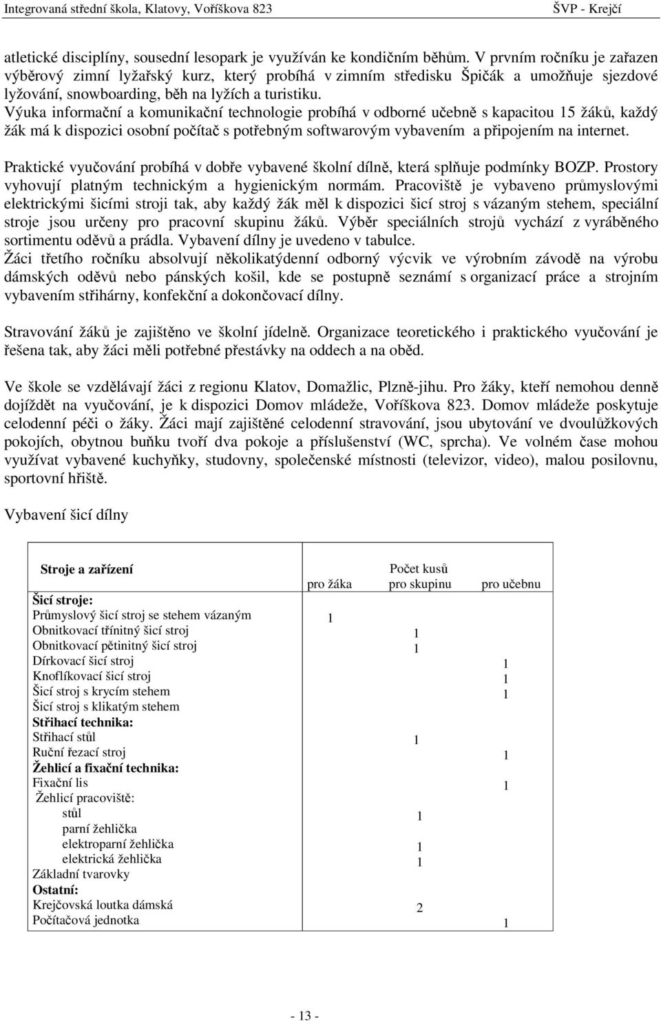 Výuka informační a komunikační technologie probíhá v odborné učebně s kapacitou 5 žáků, každý žák má k dispozici osobní počítač s potřebným softwarovým vybavením a připojením na internet.