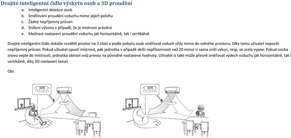 Možnost nastavení proudění vzduchu jak horizontálně, tak i vertikálně Dvojité inteligentní čidlo dokáže rozdělit prostor na 3 části a podle pobytu osob směřovat vzduch vždy mimo do volného prostoru.