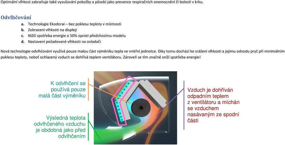 Nastavení požadované vlhkosti na ovladači Nová technologie odvlhčování využívá pouze malou část výměníku tepla ve vnitřní jednotce.